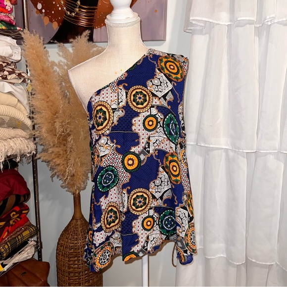 One Shoulder Bold Print Blouse - Blue - SZ XXL - Picture 5 of 5